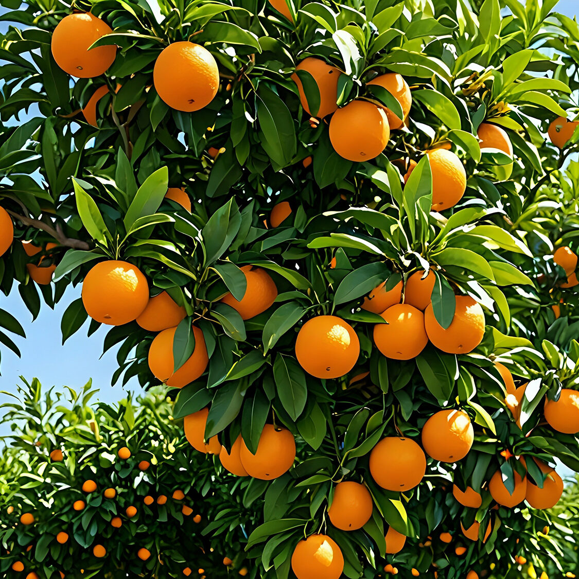 Close-up of a vibrant orange tree laden with ripe oranges, a per